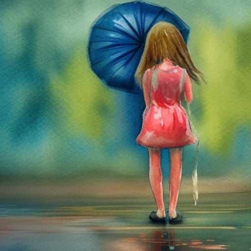 Lonely Girl in Rain, Gouache Watercolor Style