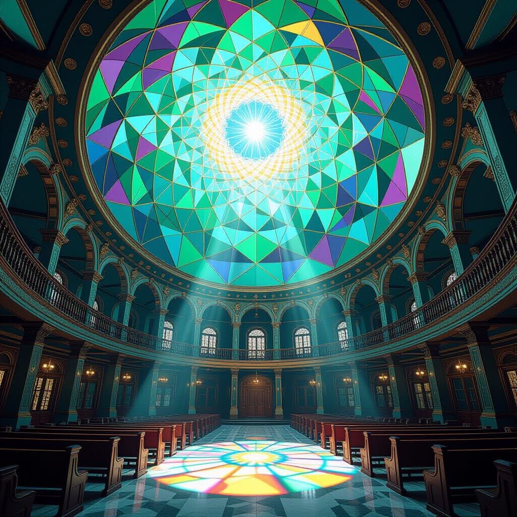 Synagogue Ceiling Transforms into Neon Geometric Vortex