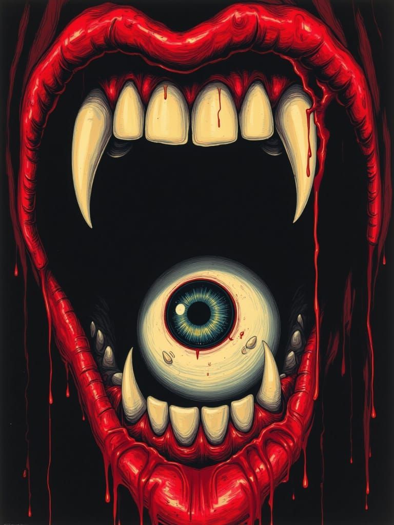 Grotesque Vampire Mouth with Eyeball, Junji Ito Style