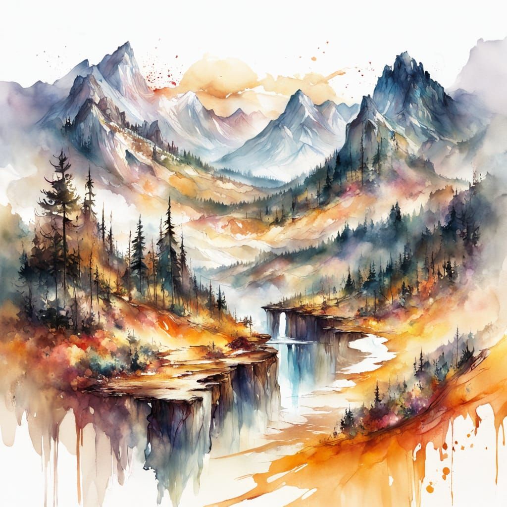 Dawn Mountain Vista in Watercolor Style