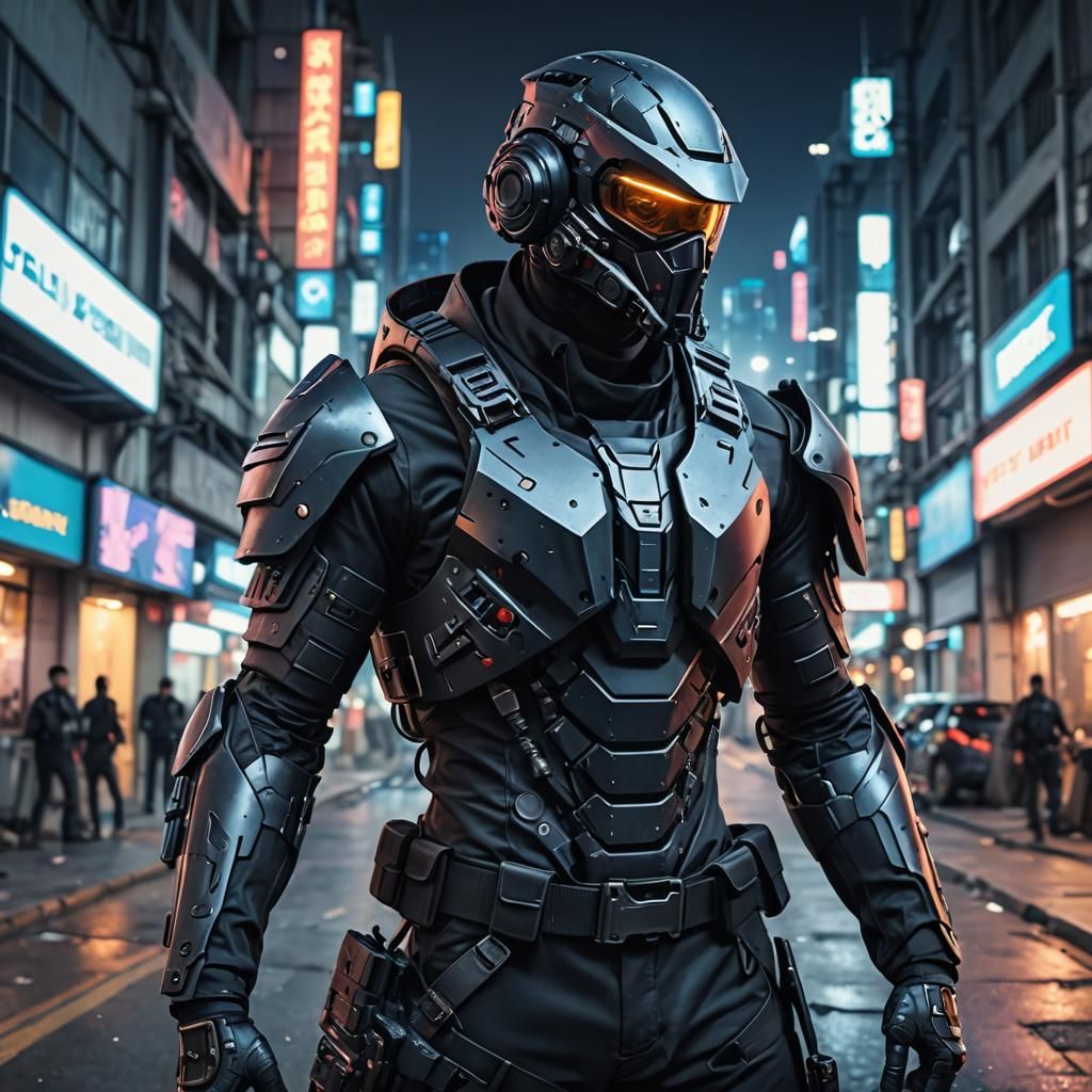 Cyberpunk Warrior in Crow Helmet with Bolt Gun