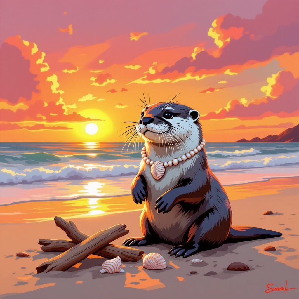 Sunset Beach Otter in Digital Art Style