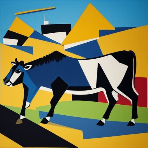Cubist Cows in Field with Geometric Shapes
