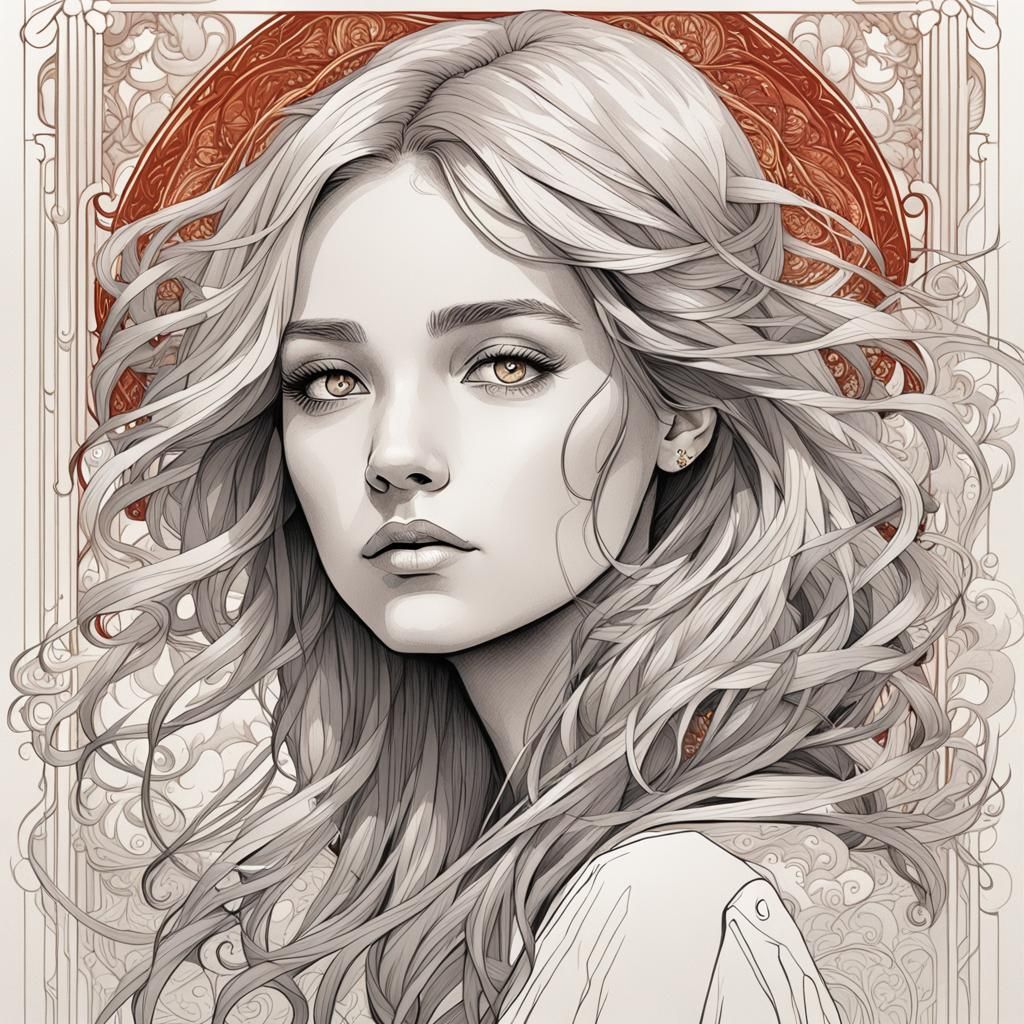 Red-Haired Girl Portrait in Art Nouveau Style