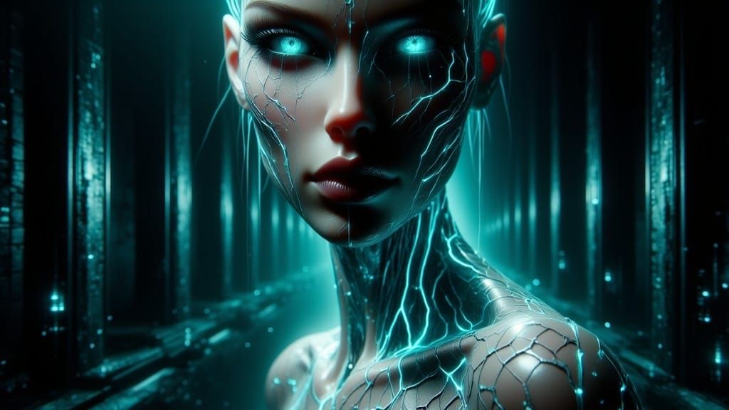 Android Woman in Ominous Cyberpunk Landscape