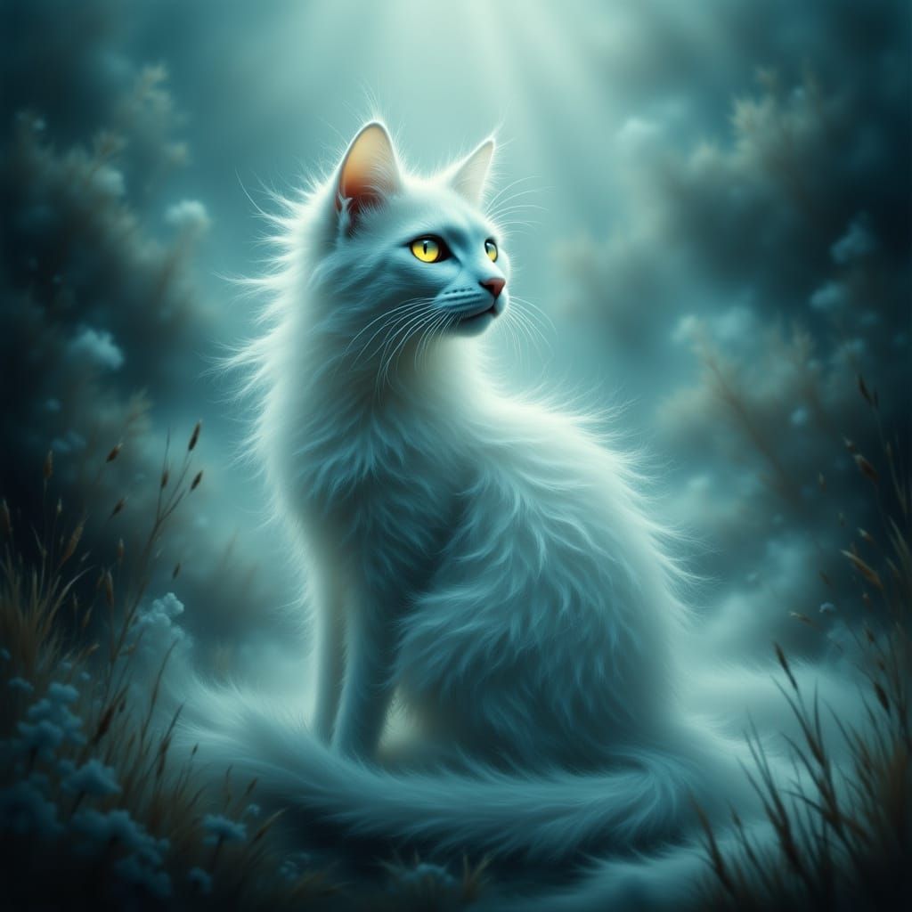 Mystical Mist Cat with Glowing Eyes in Fog