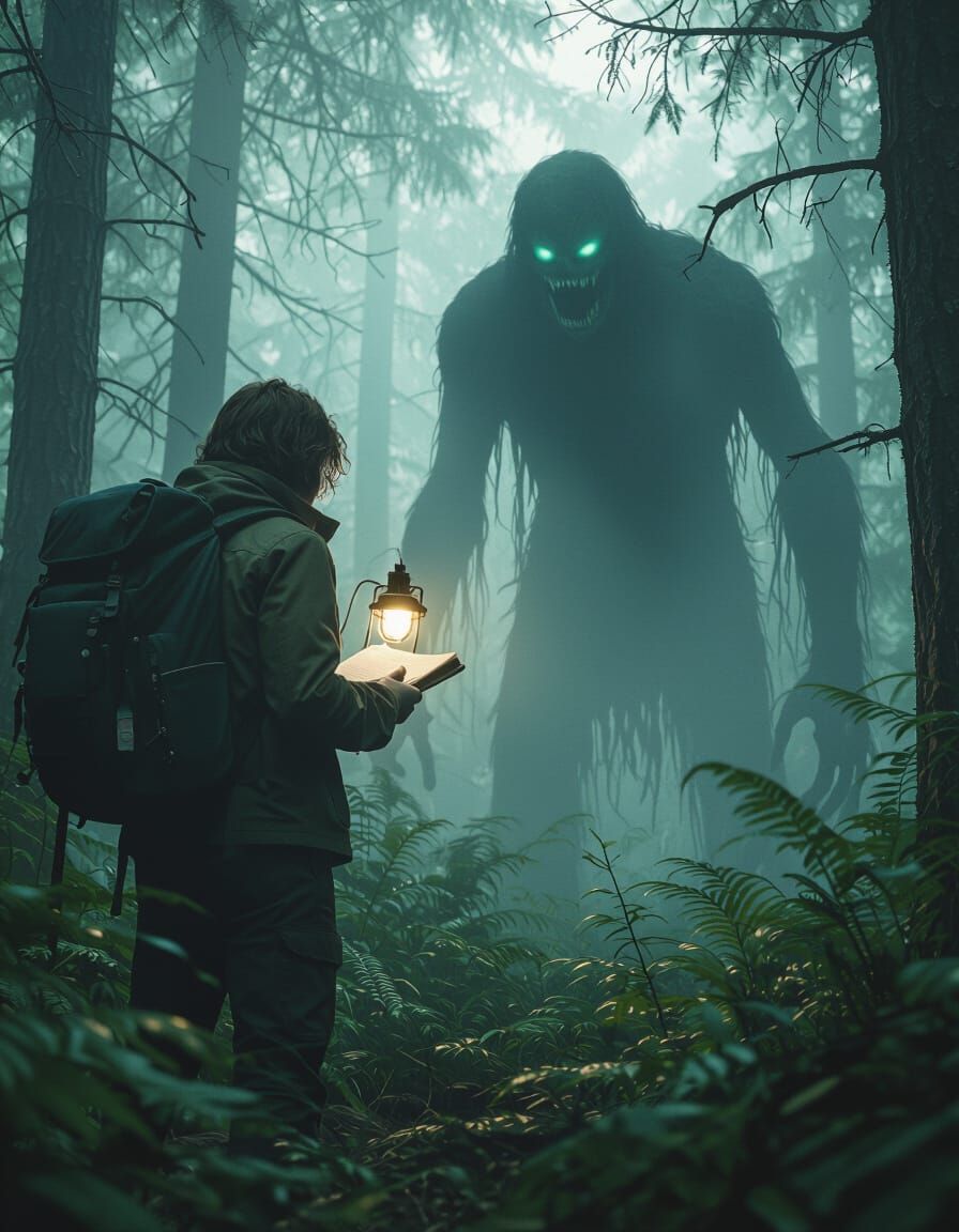 Monstrous Apparition Startles Scientist in Forest, Cinematic...