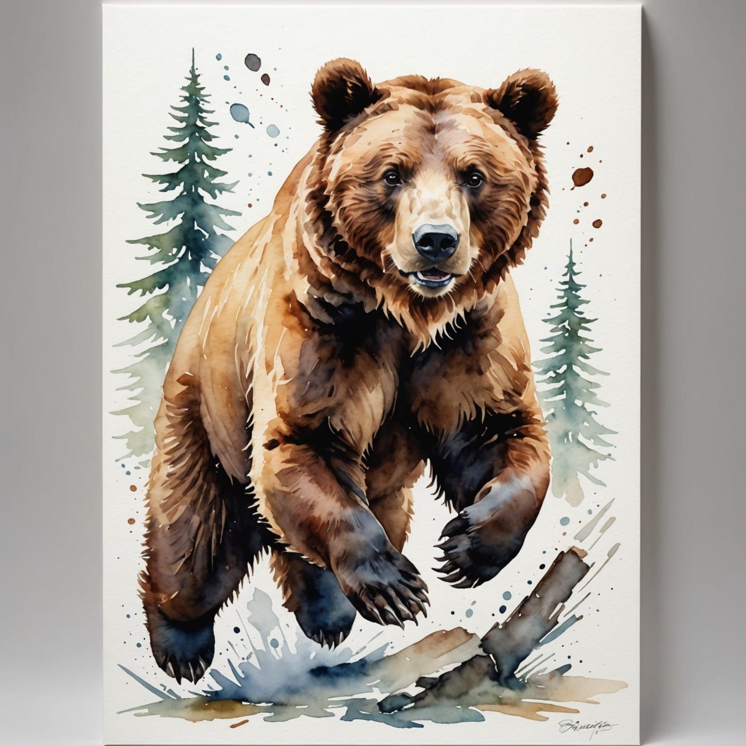 Playful Brown Bear Watercolor Paper Cut Illustration