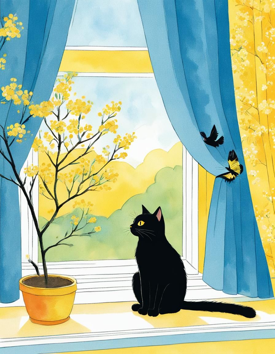 Black Cat and Yellow Bird Illustration
