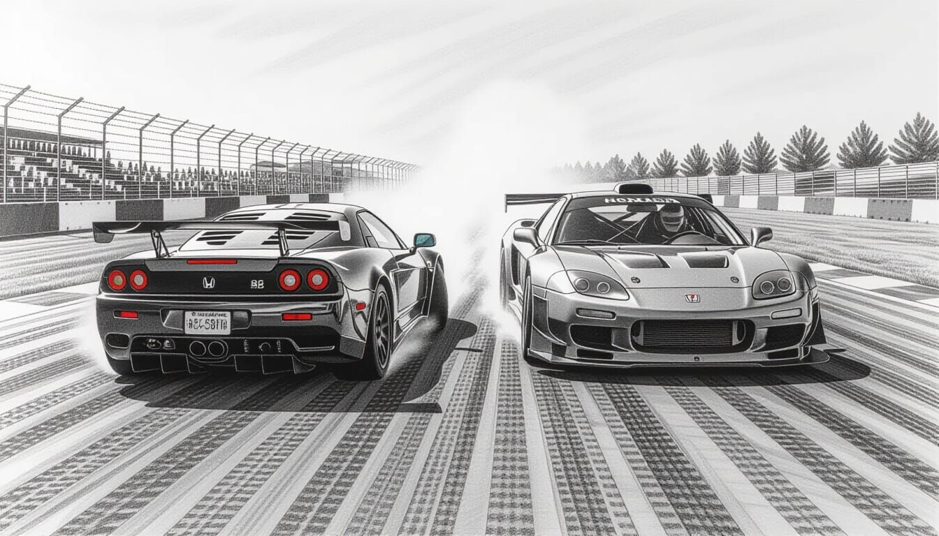 Hyperdetailed Charcoal Drawing of Sports Cars Racing
