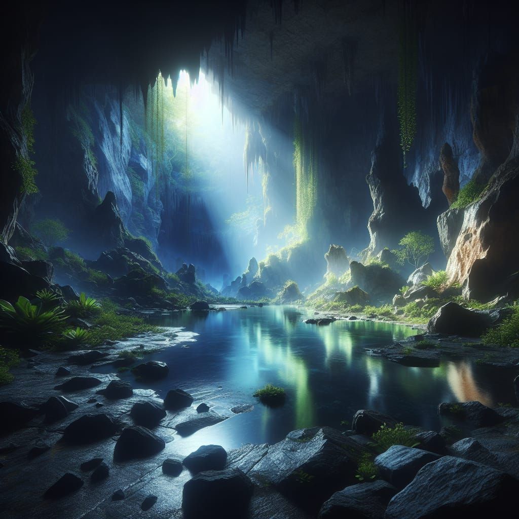 Ethereal Cave Reflecting Light as Matte Painting