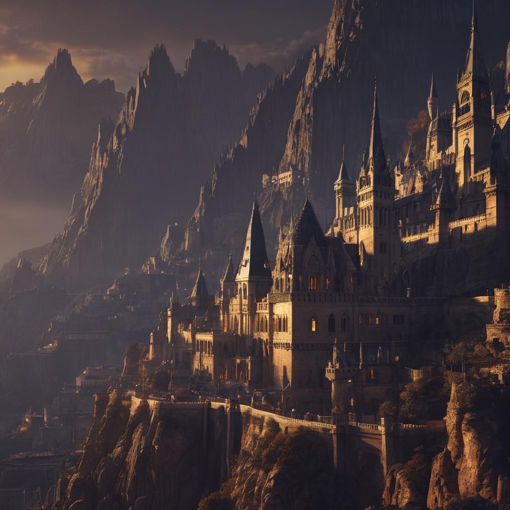 Gothic Fortress City at Dusk: Dark Academia Architecture