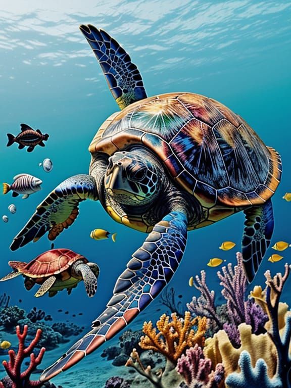 Colorful Gothic Sea Turtle with Vivid Splashes