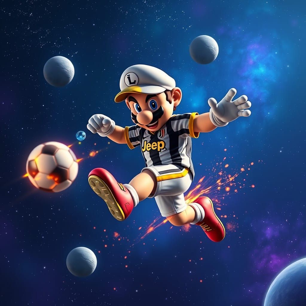 Mario Kicks Football into Vibrant Galaxy in Juventus Jersey
