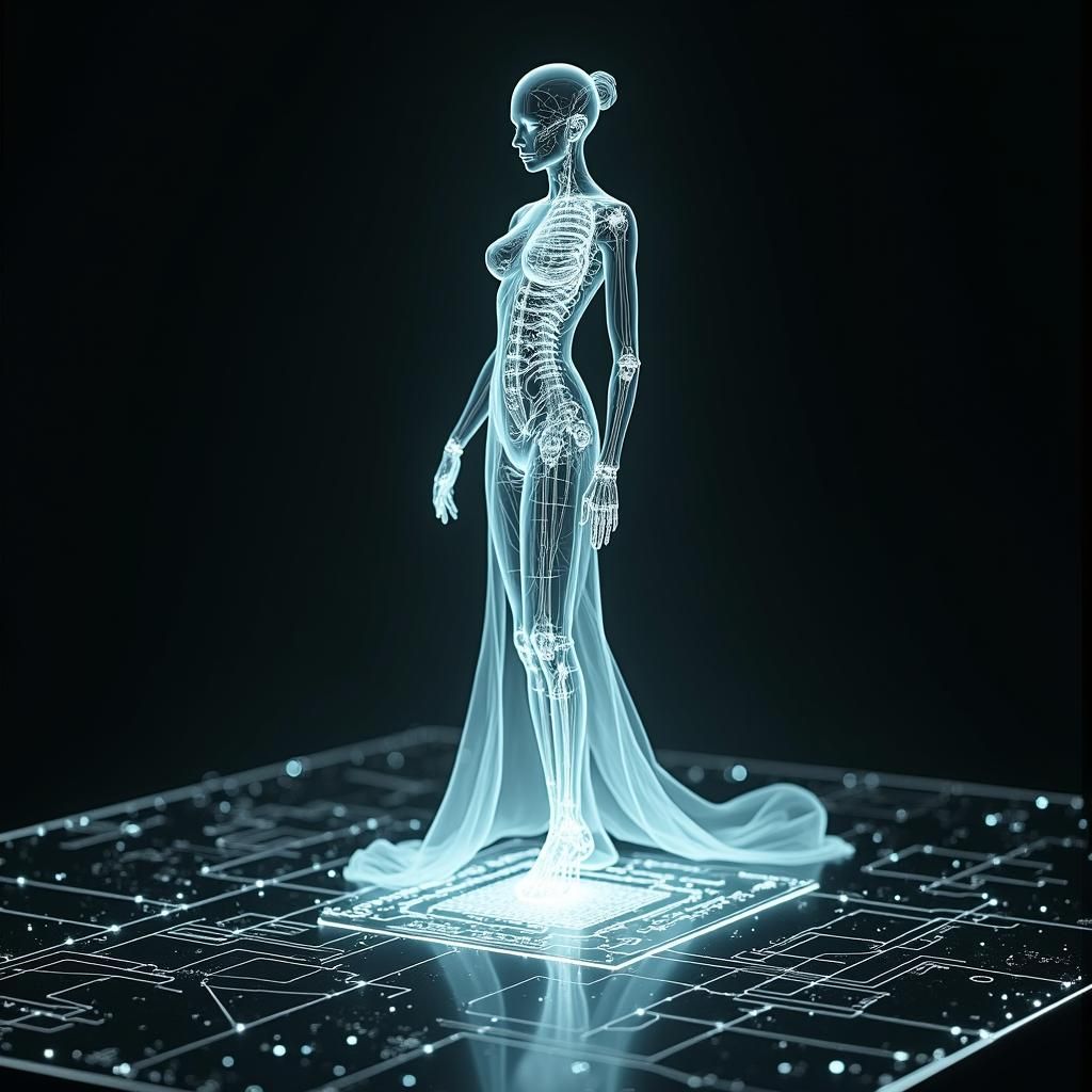 Ethereal Circuit Woman Hovering Above Silicon Wafer