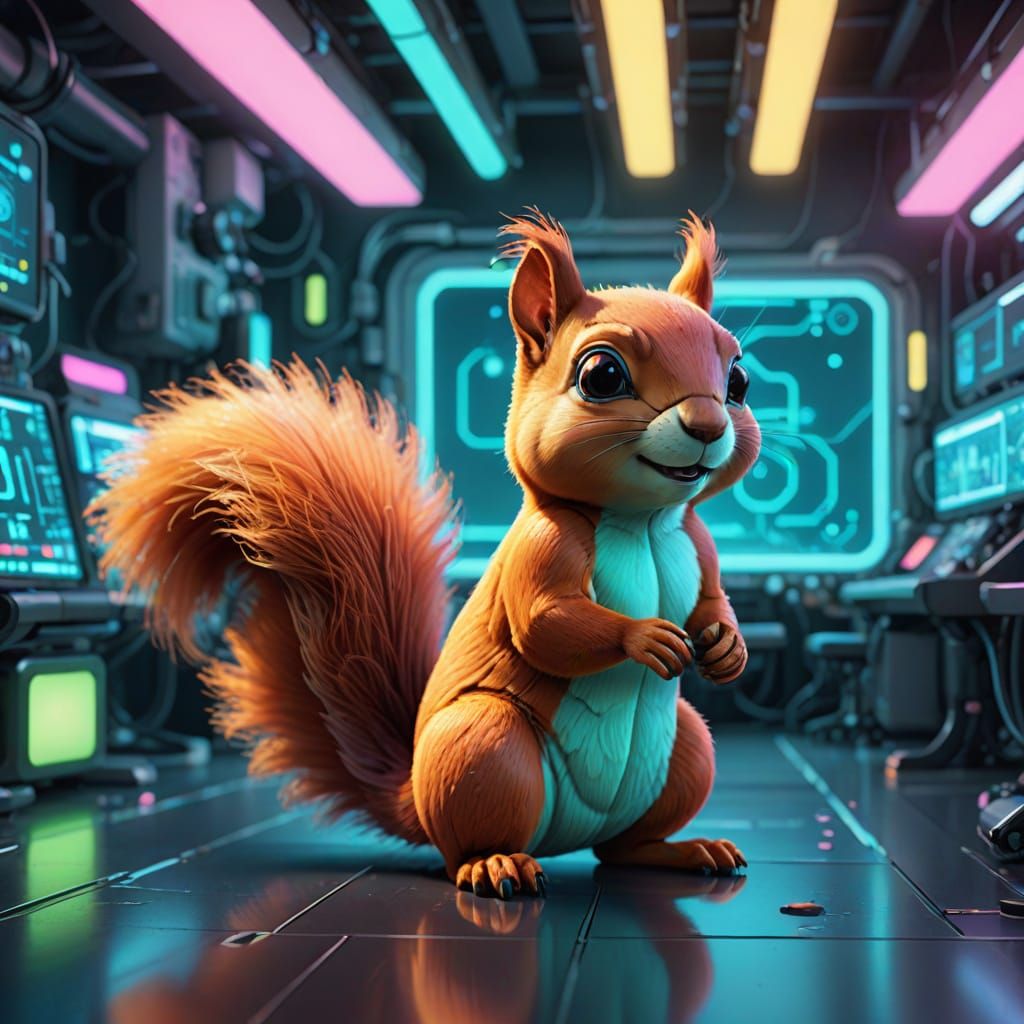 Futuristic Squirrel in Vibrant Laboratory
