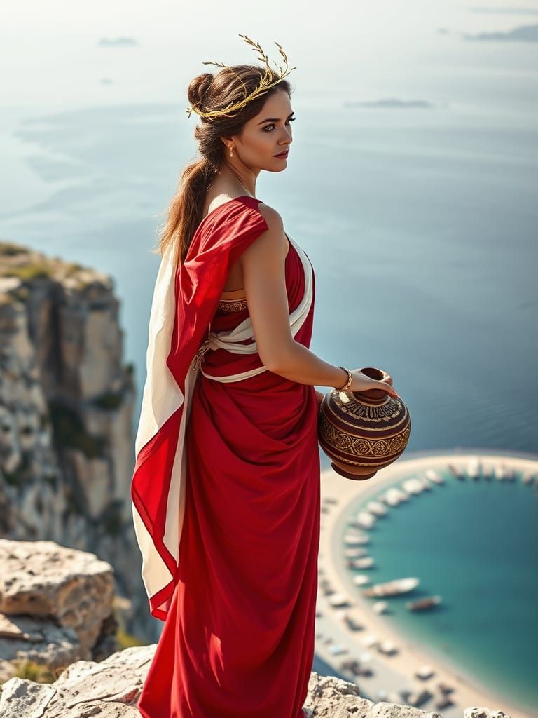 Greek Woman with Amphora Overlooking Milos Beaches