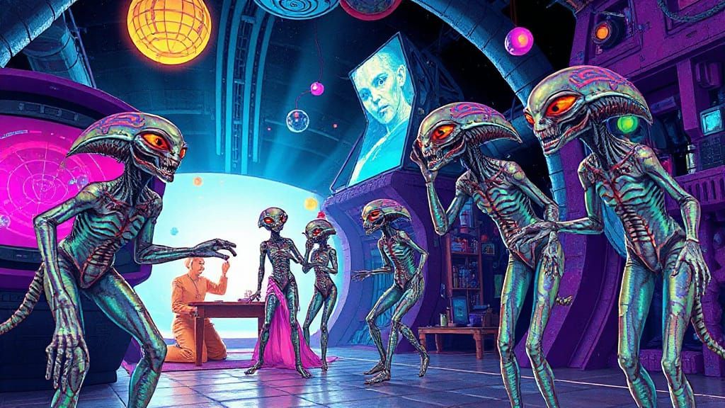 Surreal Scene of Aliens in Vibrant, Otherworldly Celebration