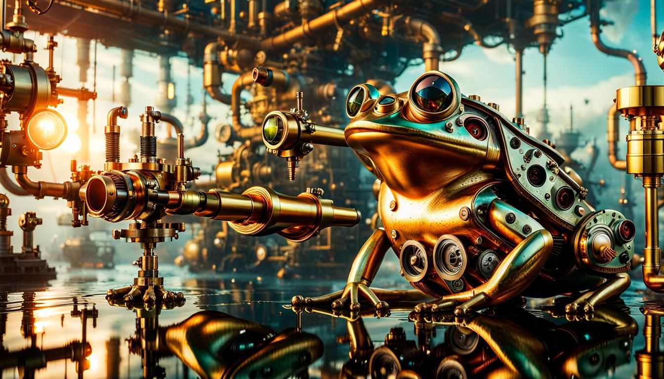 Steampunk Frog in Surreal Dreamscape, Airbrushed Art