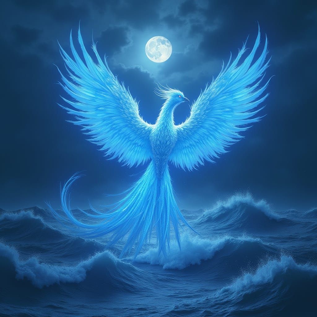 Blue Phoenix Rising from Midnight Ocean
