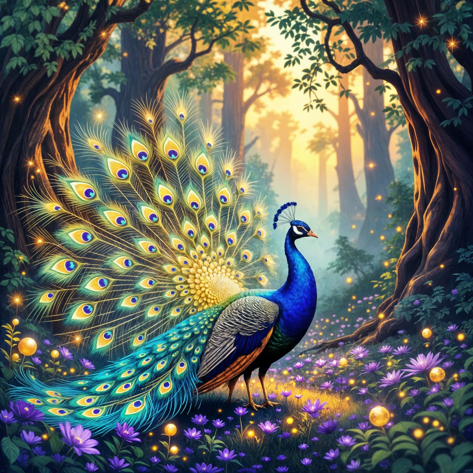 Majestic Peacock in Enchanted Twilight Realm