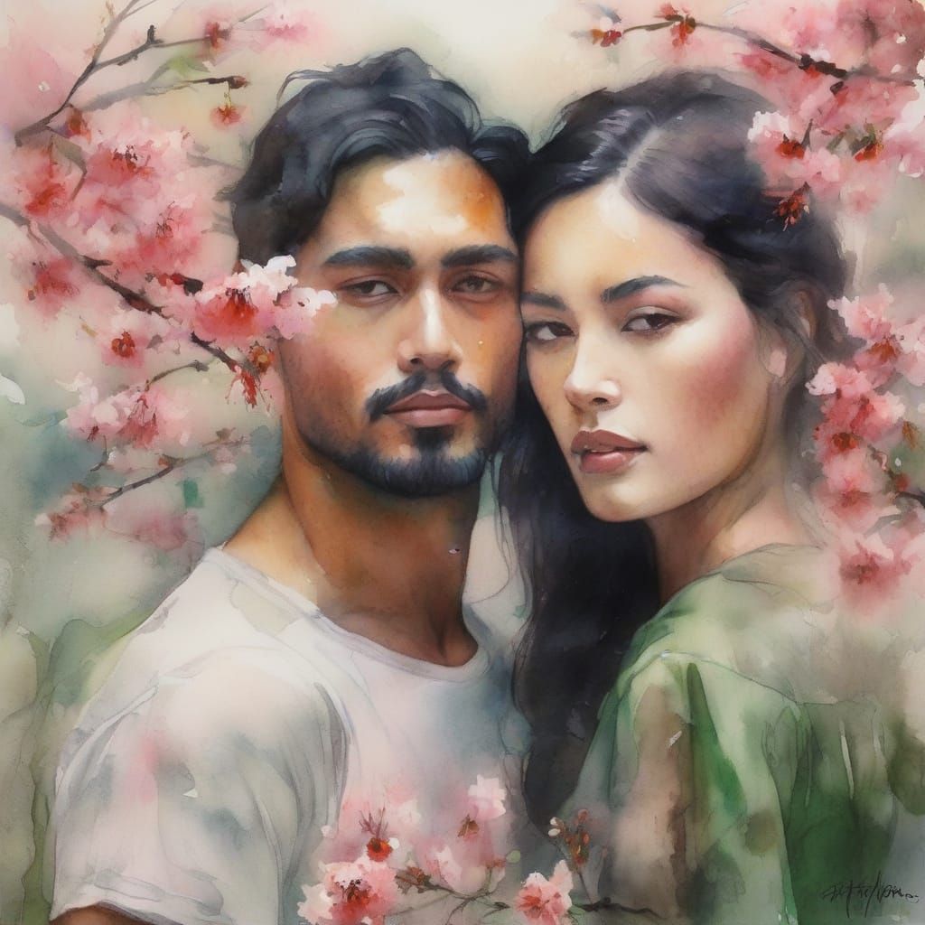 Ethereal Maori Lovers Amidst a Surreal Cherry Blossom Heart
