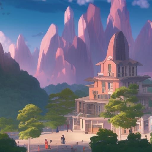 Anime Magic School in Mountainous Landscape