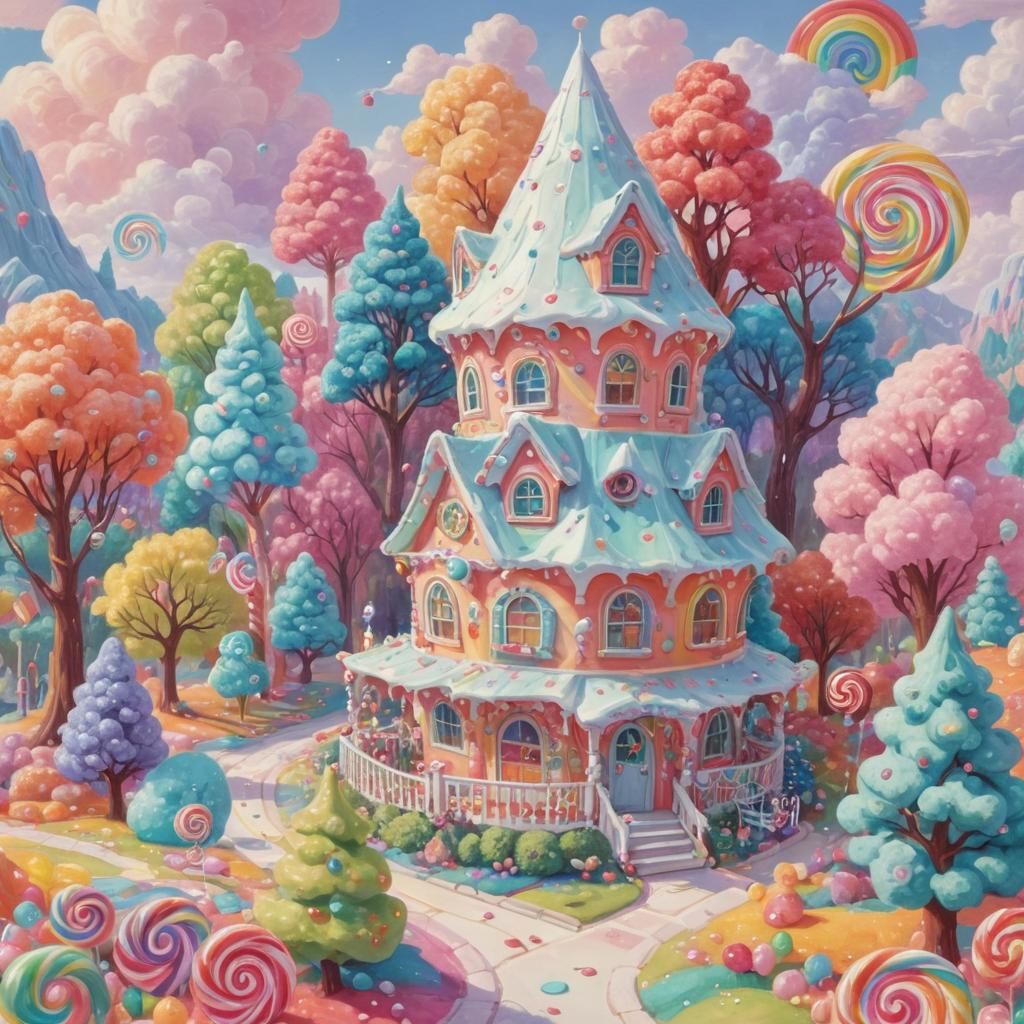 Whimsical Ghost in a Colorful Candy House
