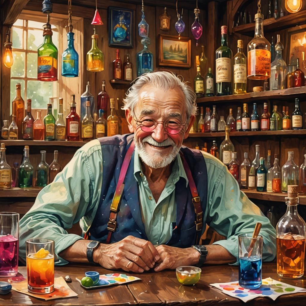 Joyful Old Man with Colorful Drink, Watercolor Art