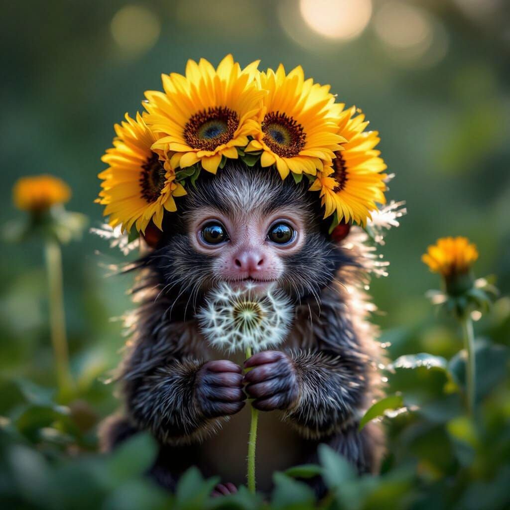 Pygmy Marmoset with Sunflower Headdress in Moonlit Garden