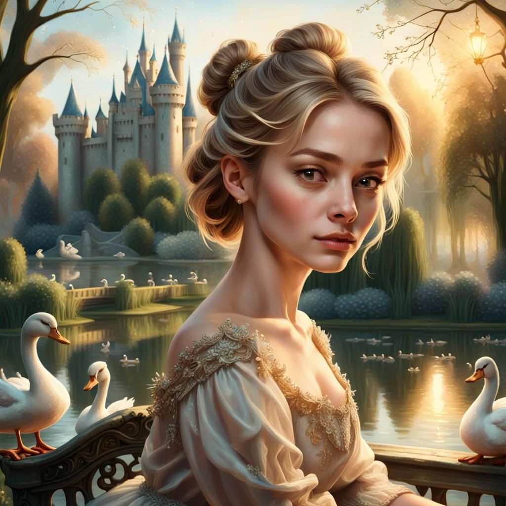 Woman Painting Castle Pond, Fantasy Portrait Art
