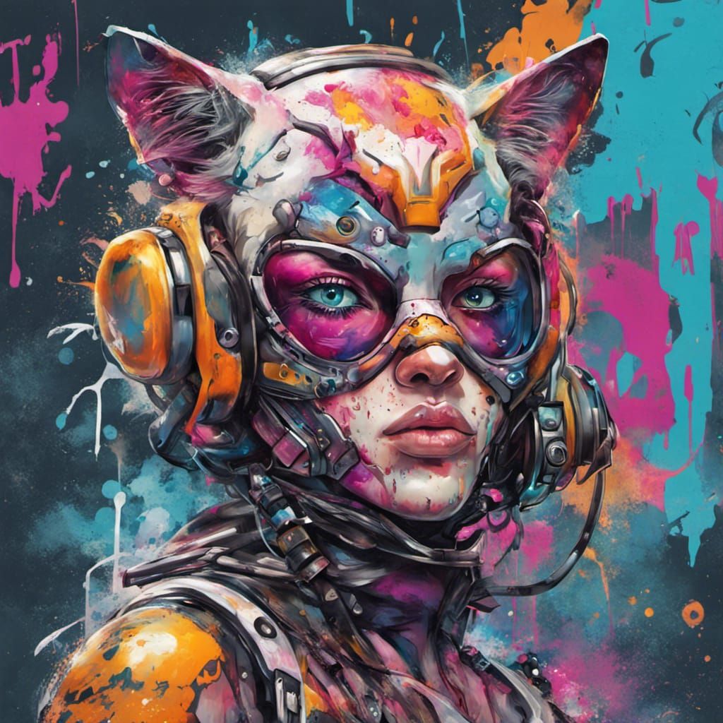 Cyborg Cat Girl in Graffiti Street Art