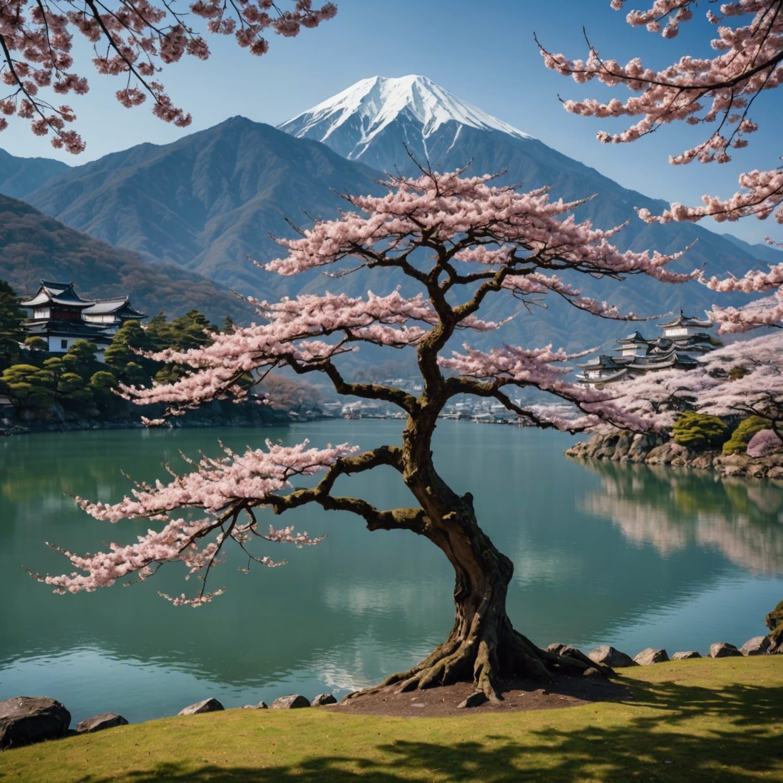 Ancient Sakura Tree by Lake: Hyperrealistic Japanese Landsca...