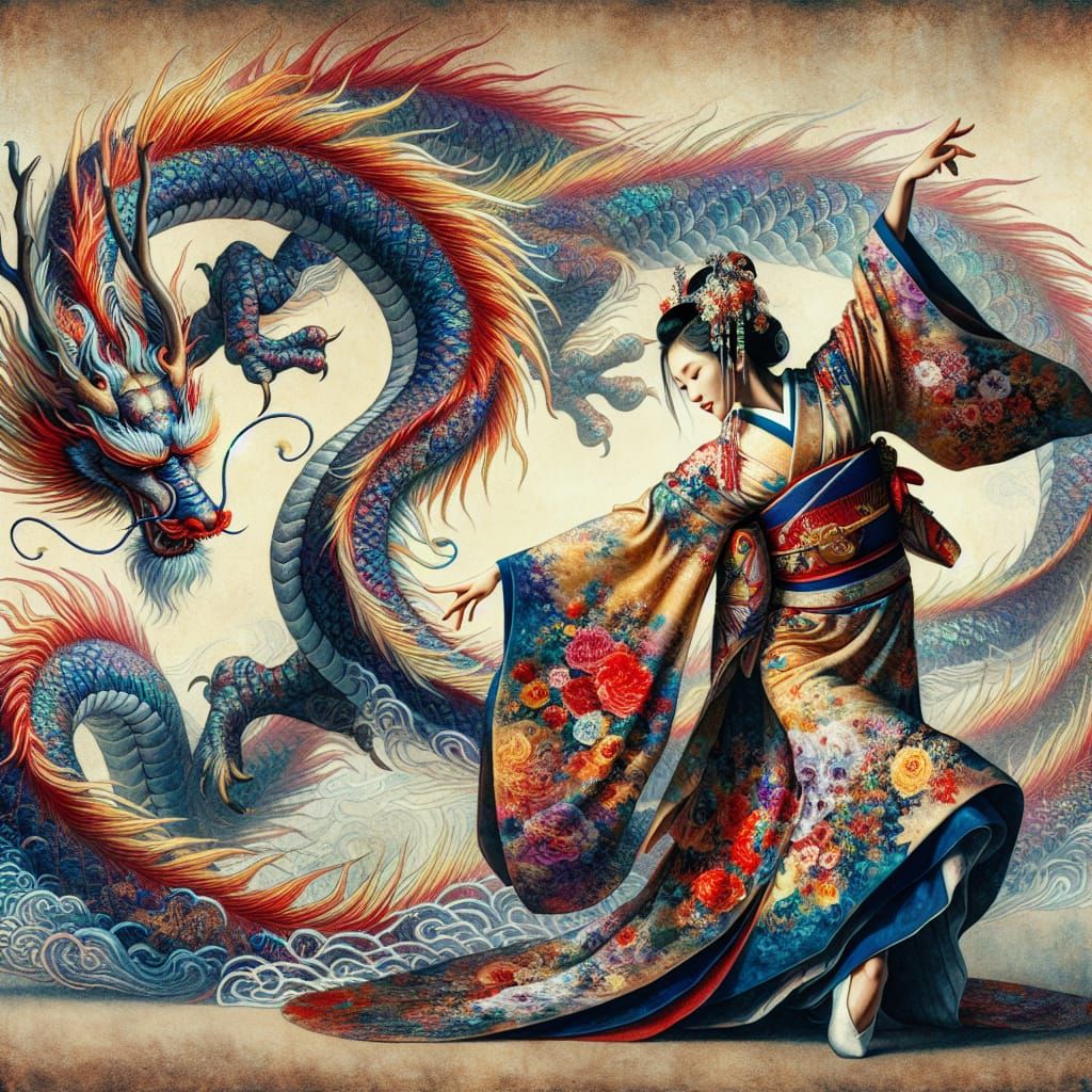 Woman Dancing with Iridescent Dragon in Kimono