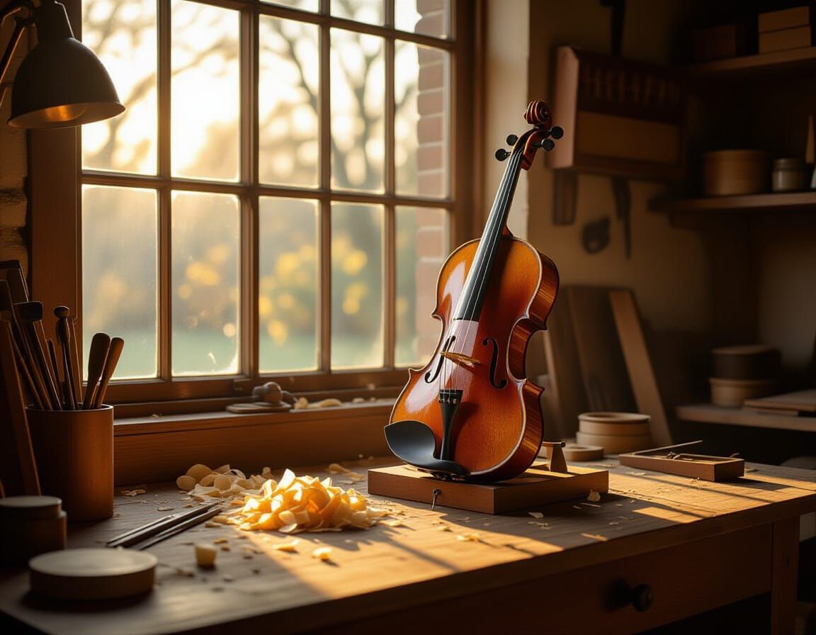 Master Luthier's Workshop at Dawn in Vermeer Style