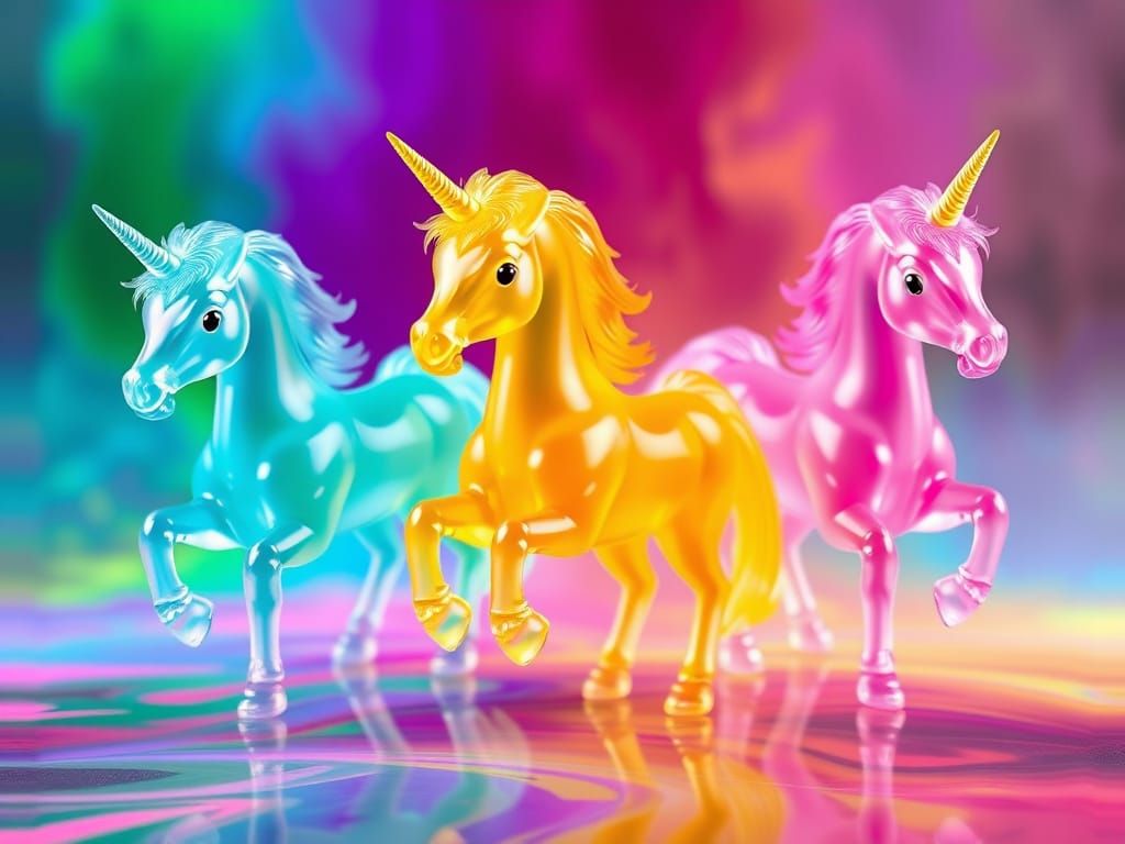 Three Jelly Unicorns in Surreal Colorful Background