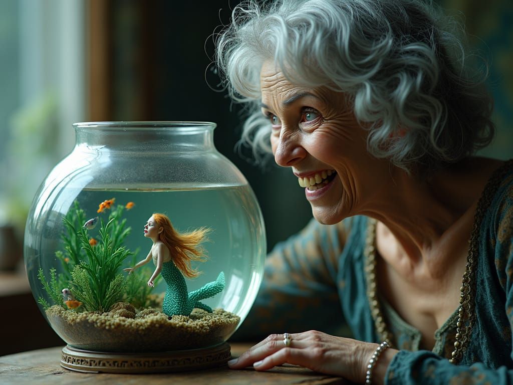 Miniature Mermaid's Plea in Vintage Fishbowl