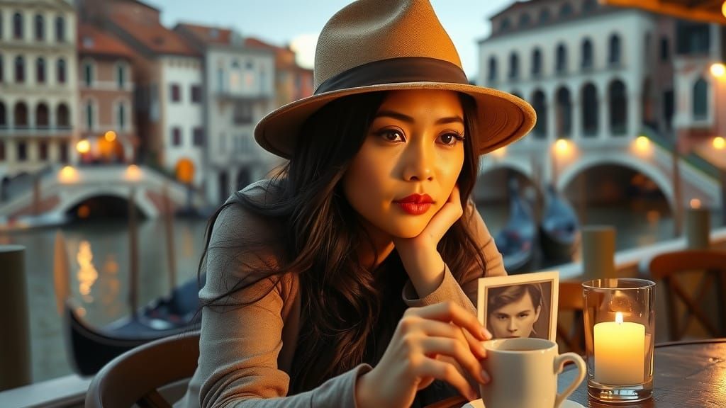 Elegant Woman in Venice Canal Café at Twilight