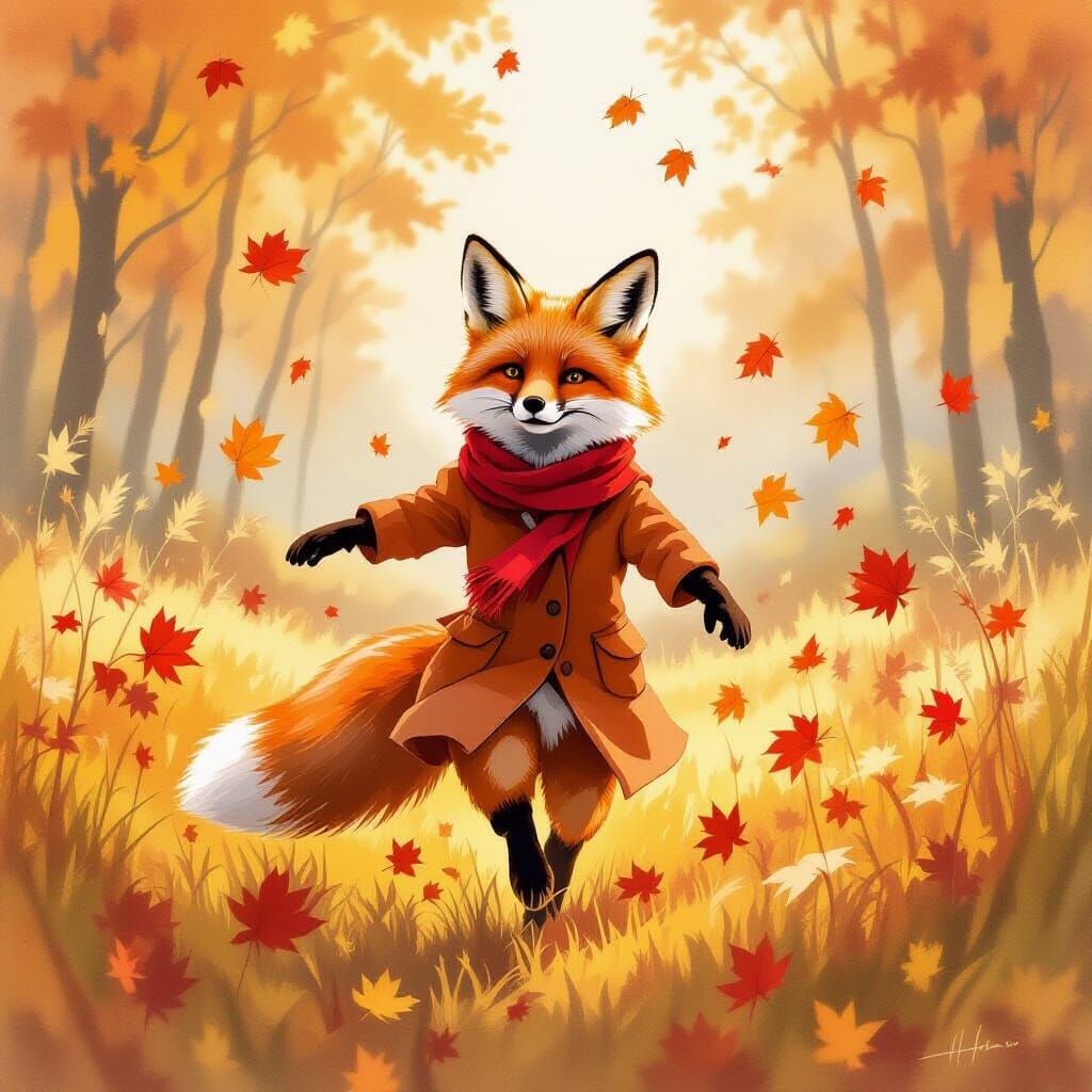 Red Fox Dances in Autumn Meadow, Watercolour Style