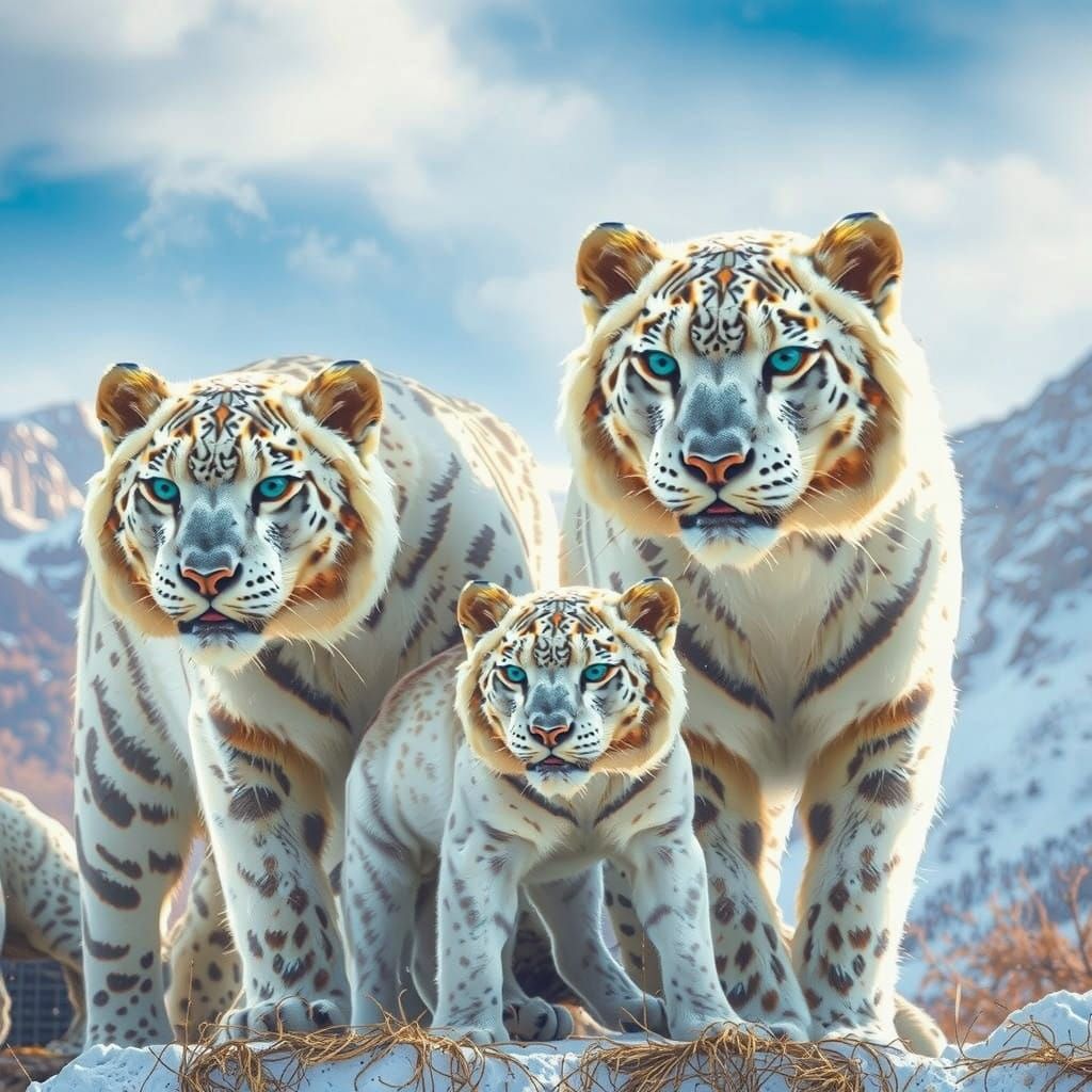 Majestic Snow Leopard Family in Natural Alpine Habitat