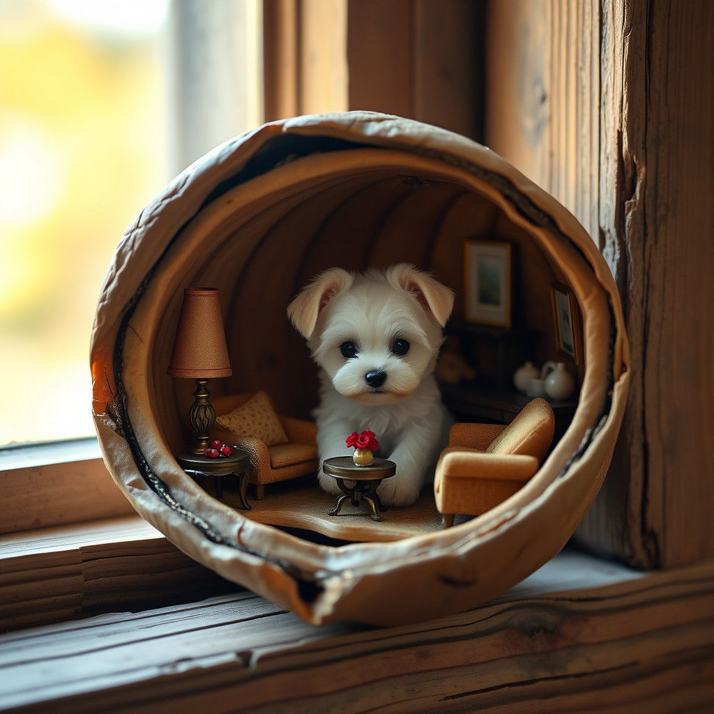 Mini Maltese Puppy in Walnut Shell Home