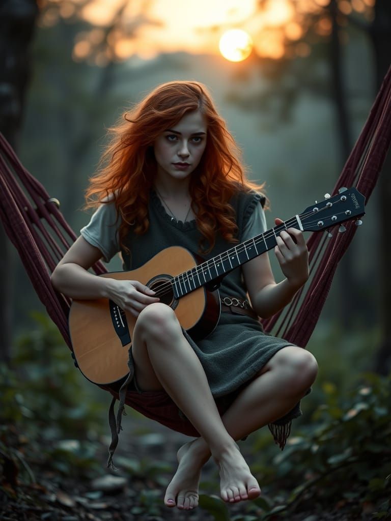 Celtic Woman Playing Guitar at Dawn in Detailed Matte Painti...