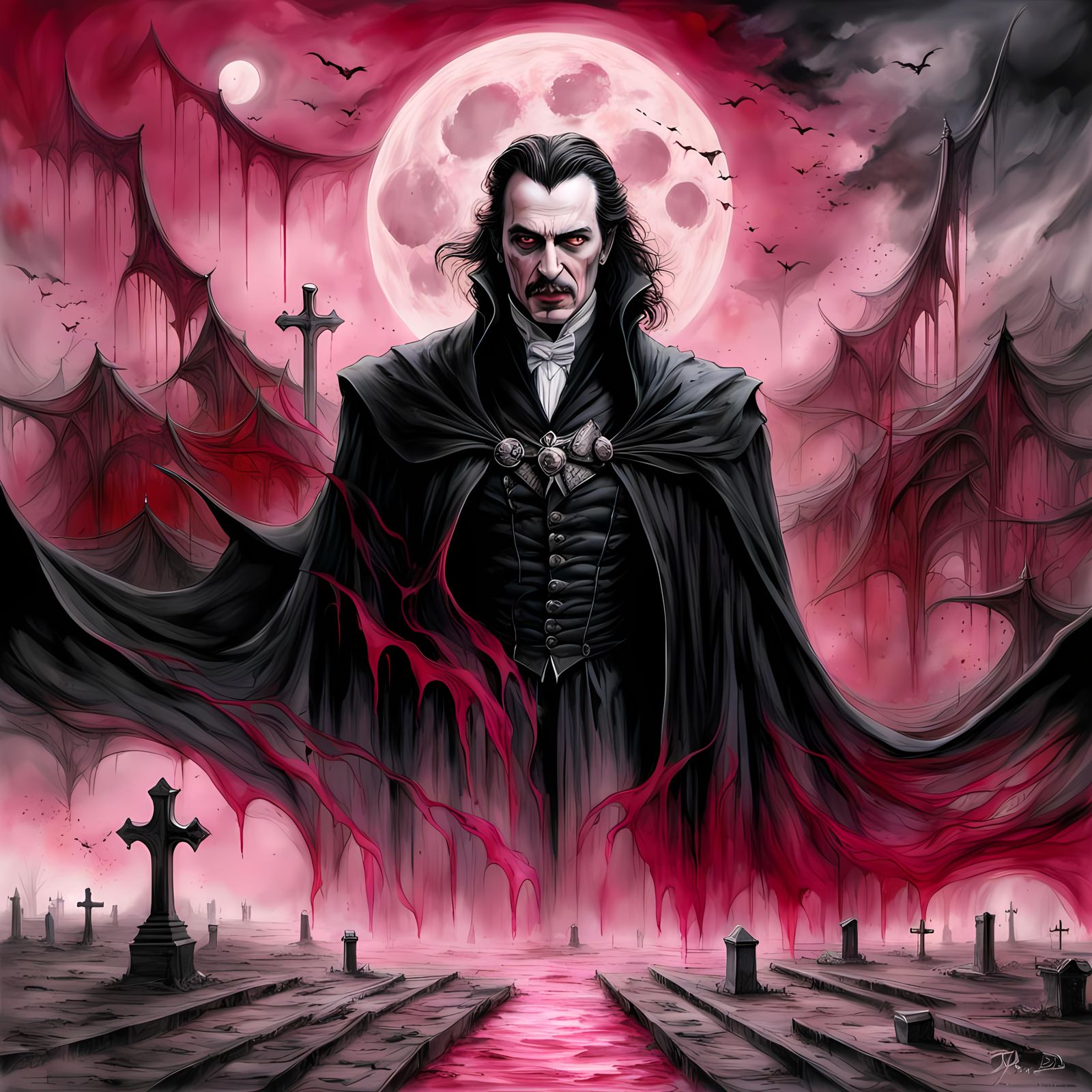 Joyful Dracula in Graveyard: Alcohol Ink Style