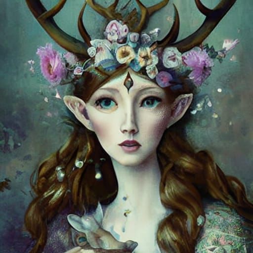Ethereal Woman with Antlers in Art Nouveau Style