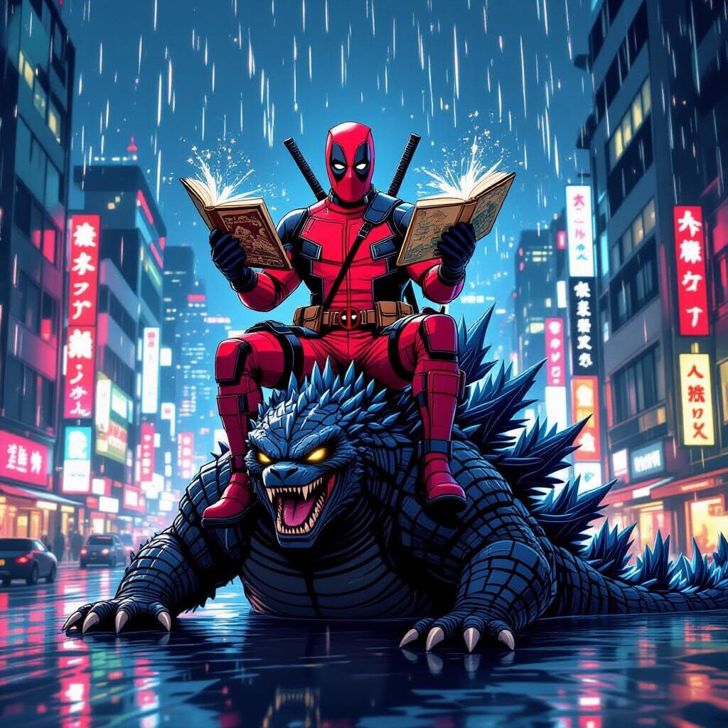 Deadpool Rides Godzilla Amidst Neon Tokyo