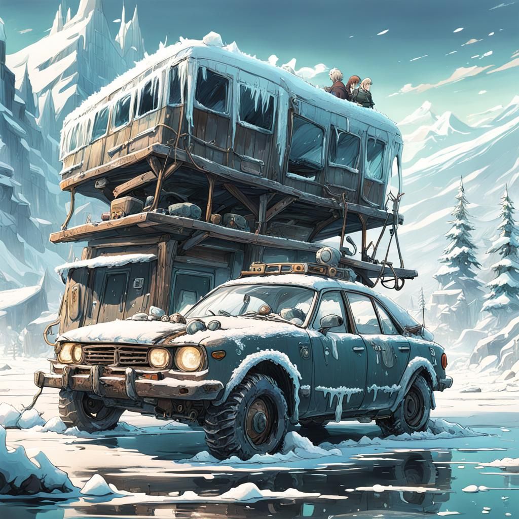 Post-Apocalyptic Car Frozen in Ice: Anime Key Visual