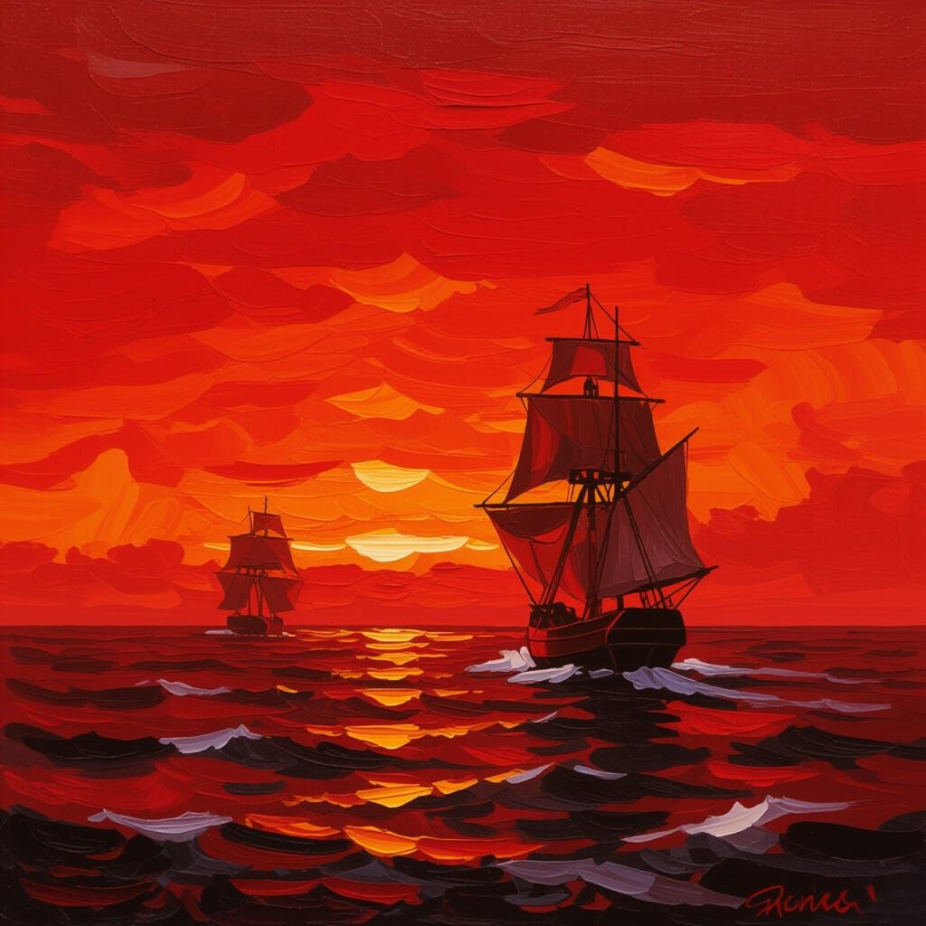Blood Red Sunset Seascape With Clipper Ship In Impressionist...