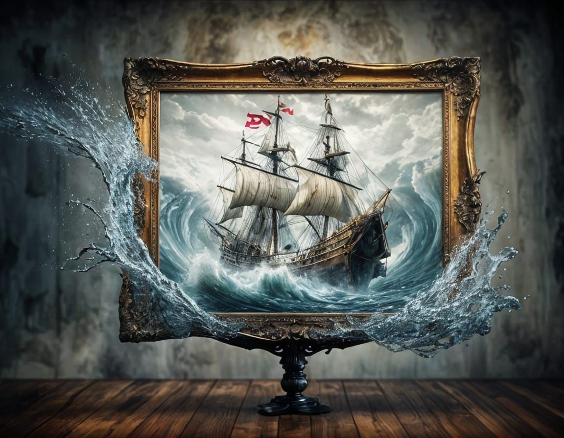 Galleon Painting Flooding a Room in Dreamlike Style