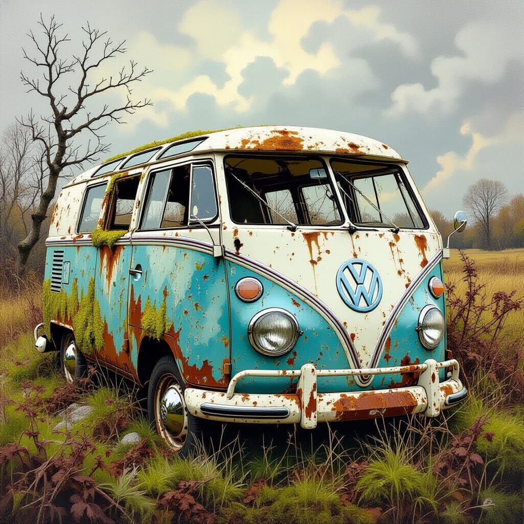 Moss-Covered VW T1 in Overgrown Field Oil Painting