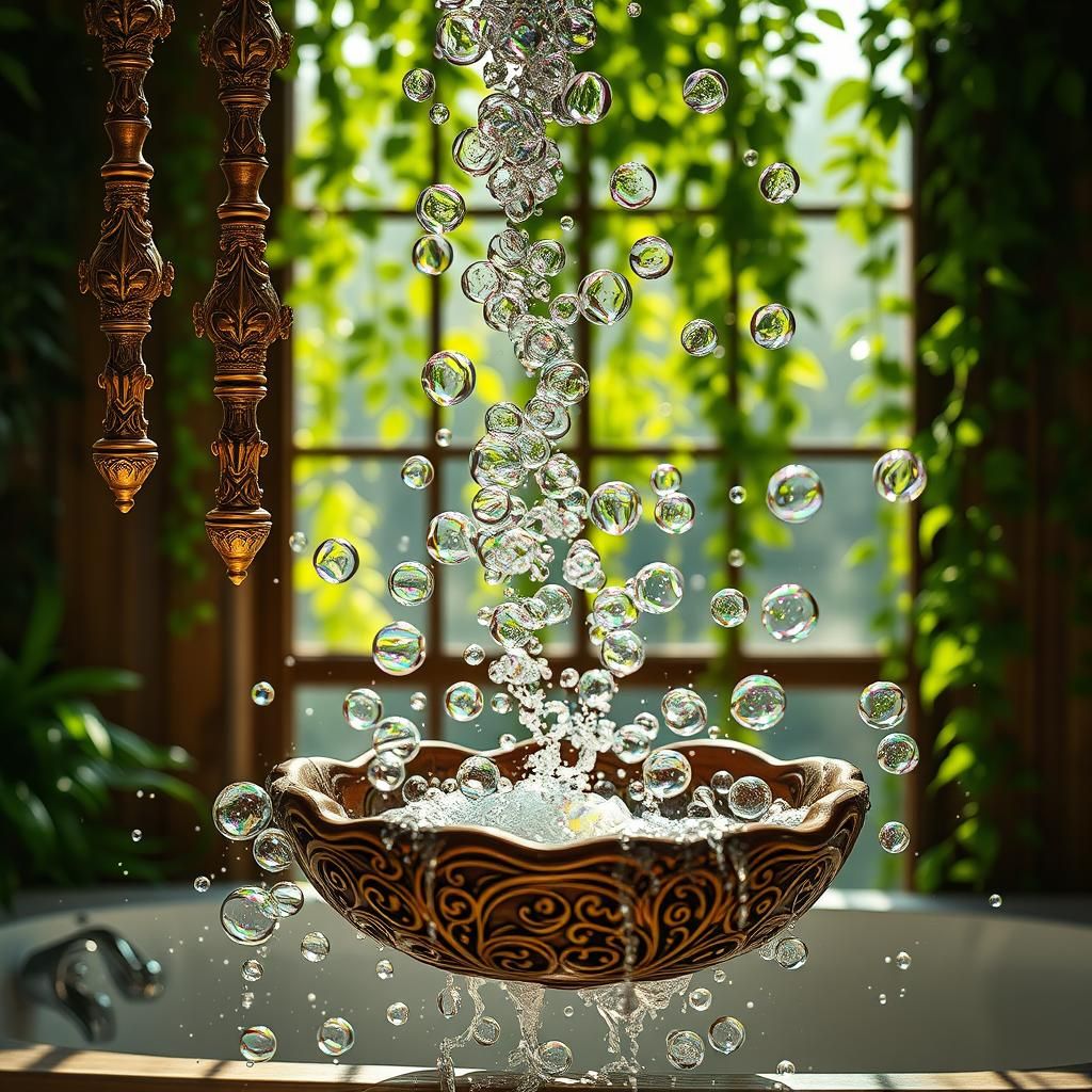 Ethereal Waterfall of Iridescent Bubbles in Ornate Bathroom